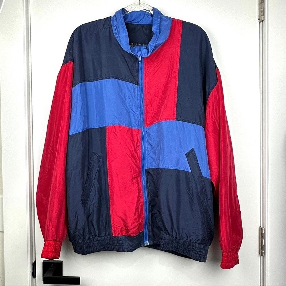 VTG Oleg Cassini Silk Colorblock Track Jacket Large 80's Preppy Indie Retro